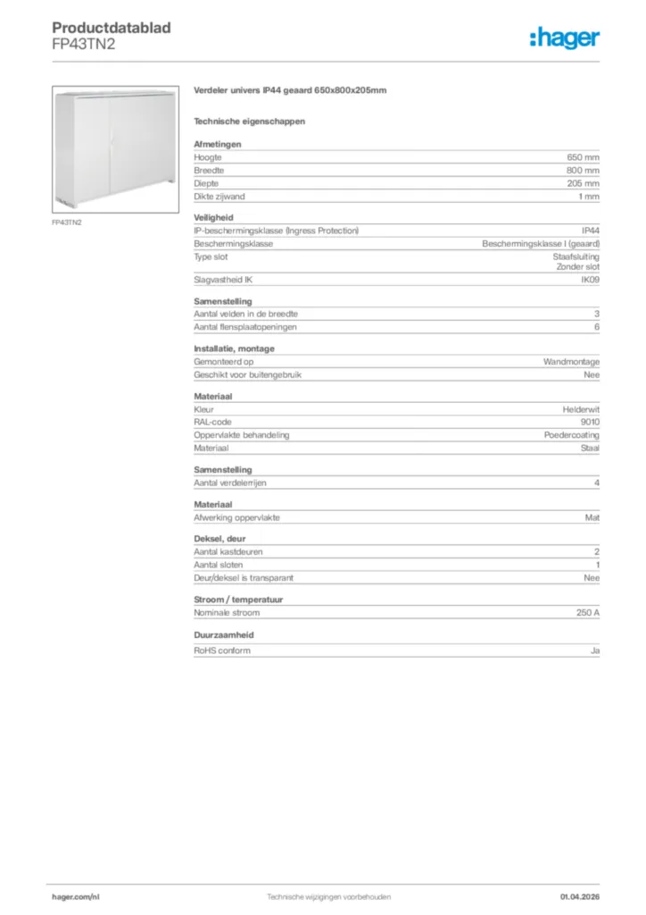 Afbeelding Hager Productdatablad FP43TN2 | Hager Nederland
