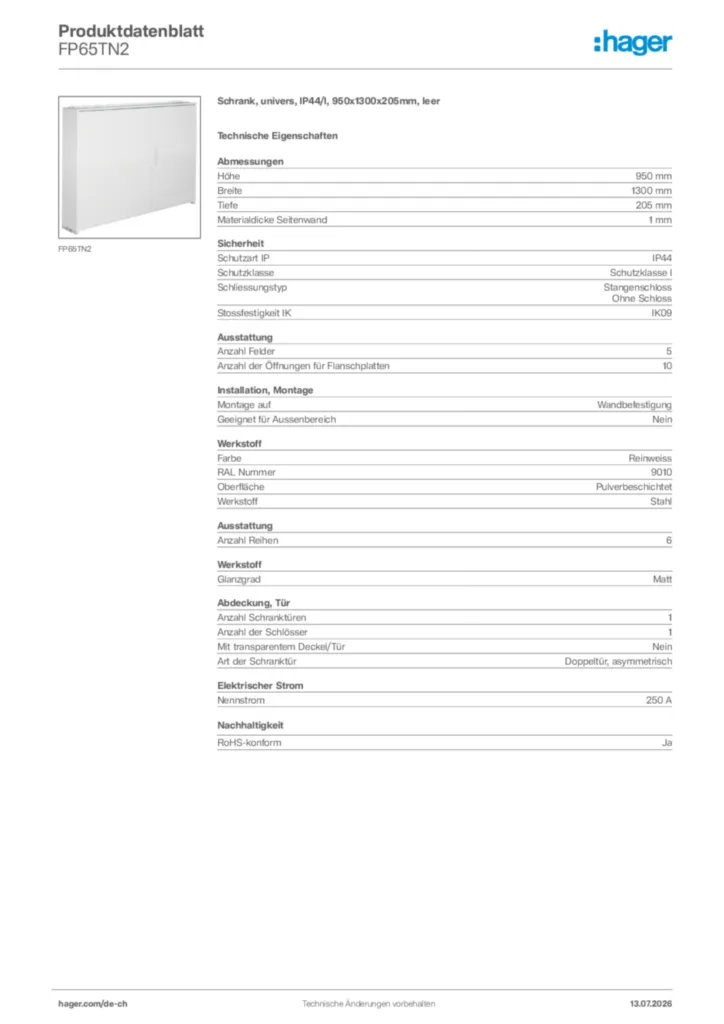 Bild Hager Produktdatenblatt FP65TN2 | Hager Schweiz