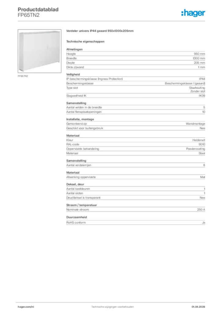 Afbeelding Hager Productdatablad FP65TN2 | Hager Nederland