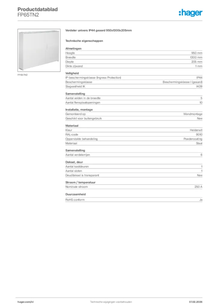 Afbeelding Hager Productdatablad FP65TN2 | Hager Nederland