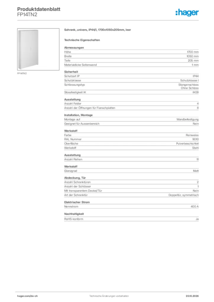 Bild Hager Produktdatenblatt FP14TN2 | Hager Schweiz