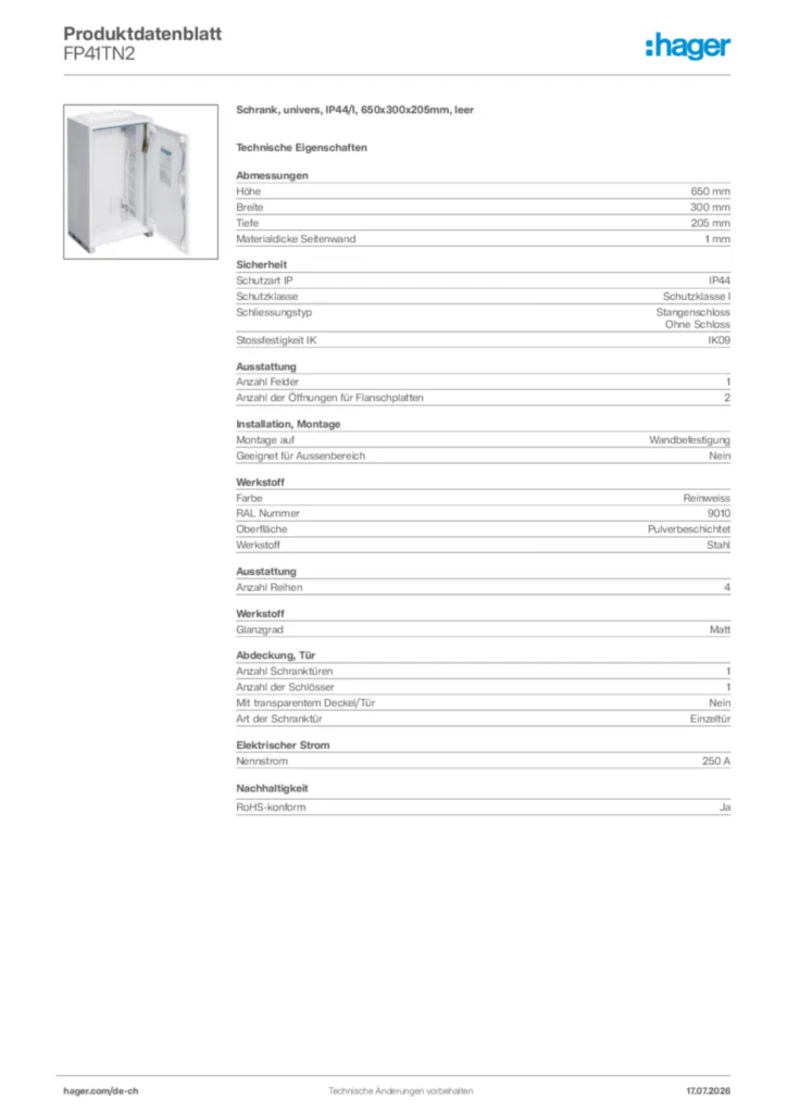 Bild Hager Produktdatenblatt FP41TN2 | Hager Schweiz