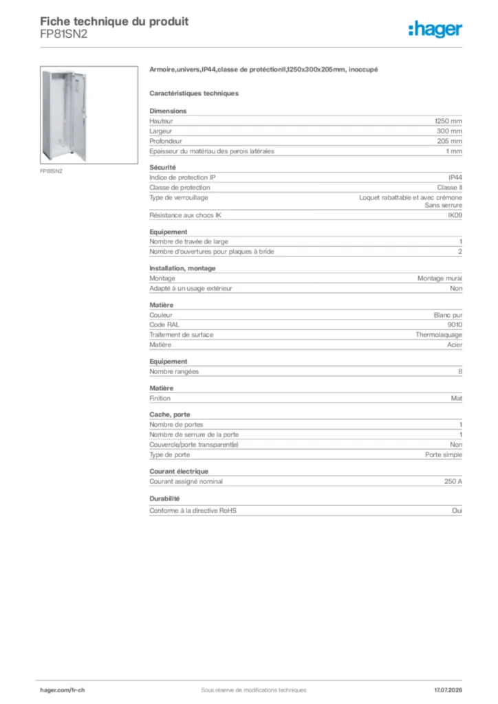 Image Hager Fiche technique du produit FP81SN2 | Hager Suisse