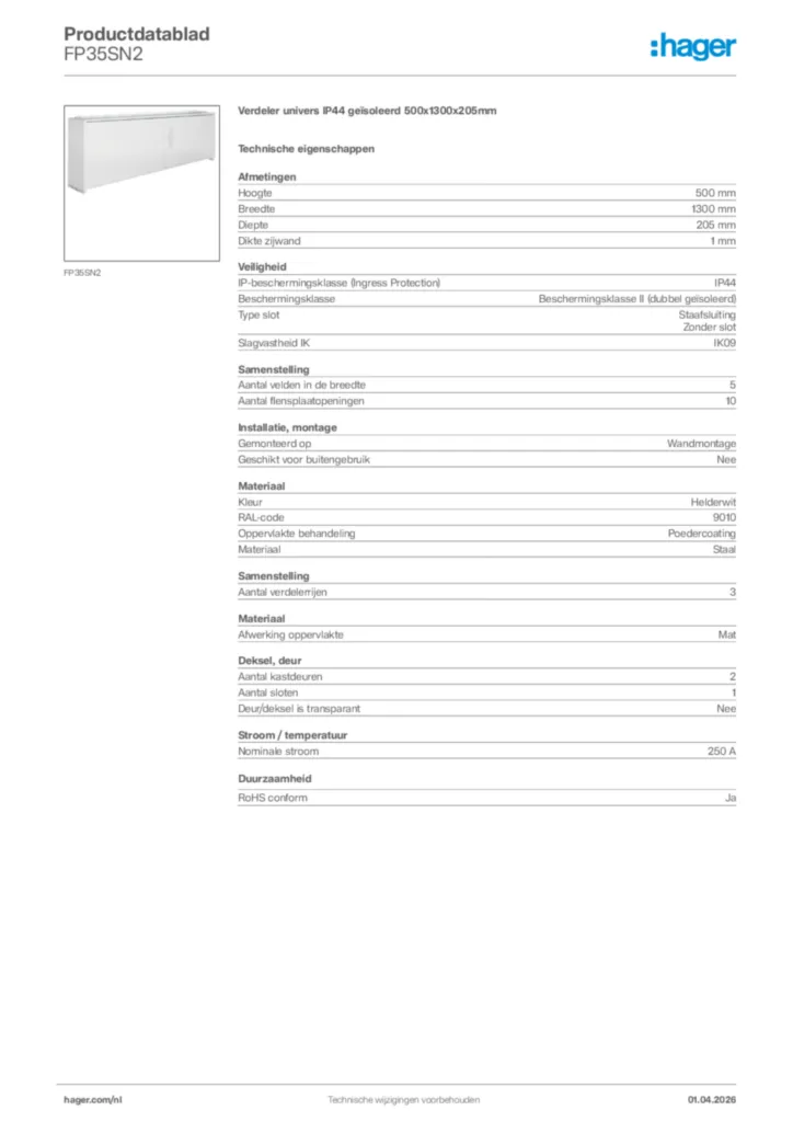 Afbeelding Hager Productdatablad FP35SN2 | Hager Nederland
