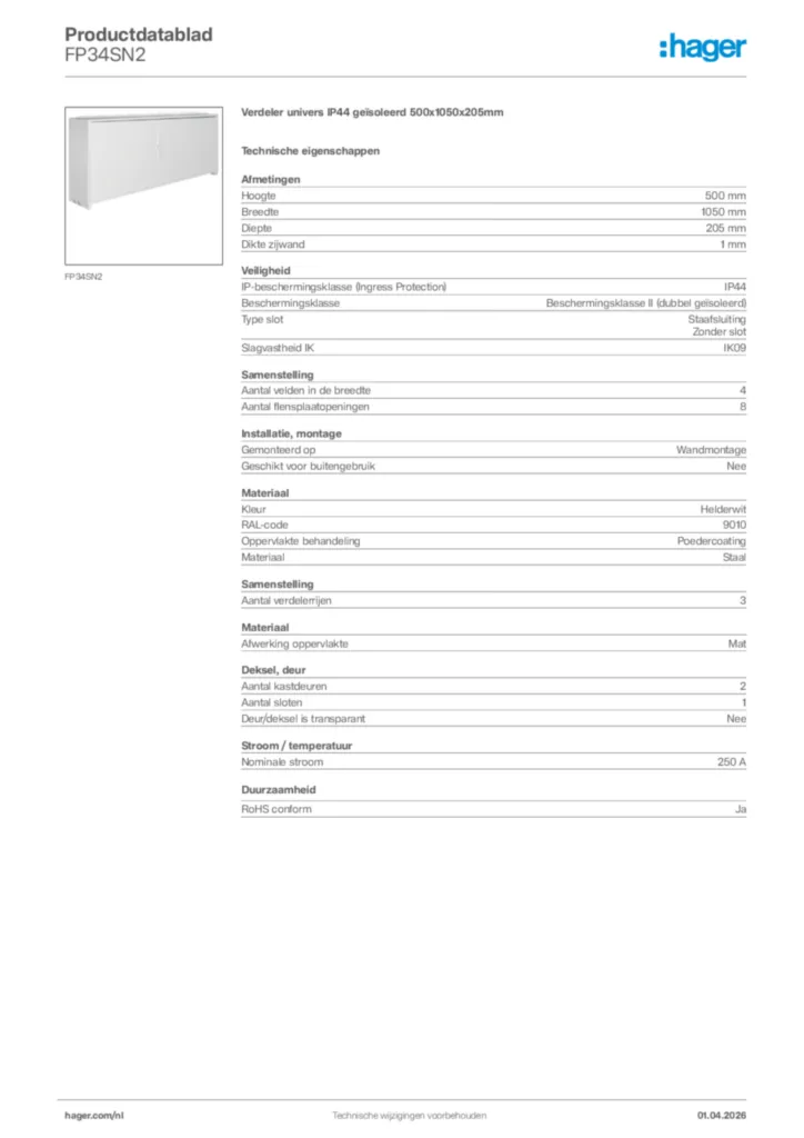 Afbeelding Hager Productdatablad FP34SN2 | Hager Nederland