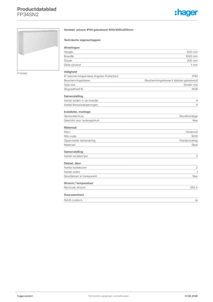 Afbeelding Hager Productdatablad FP34SN2 | Hager Nederland