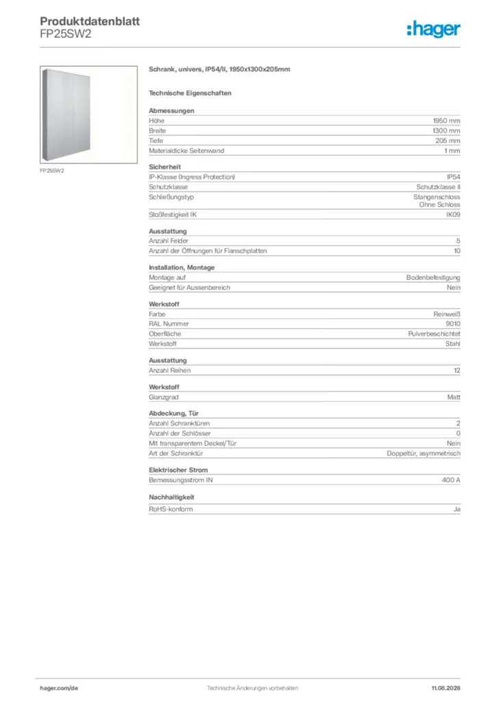 Bild Hager Produktdatenblatt FP25SW2 | Hager Deutschland