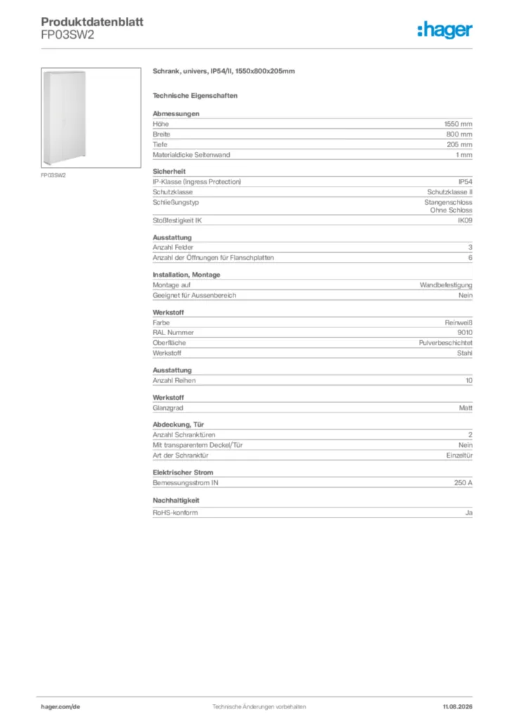 Bild Hager Produktdatenblatt FP03SW2 | Hager Deutschland