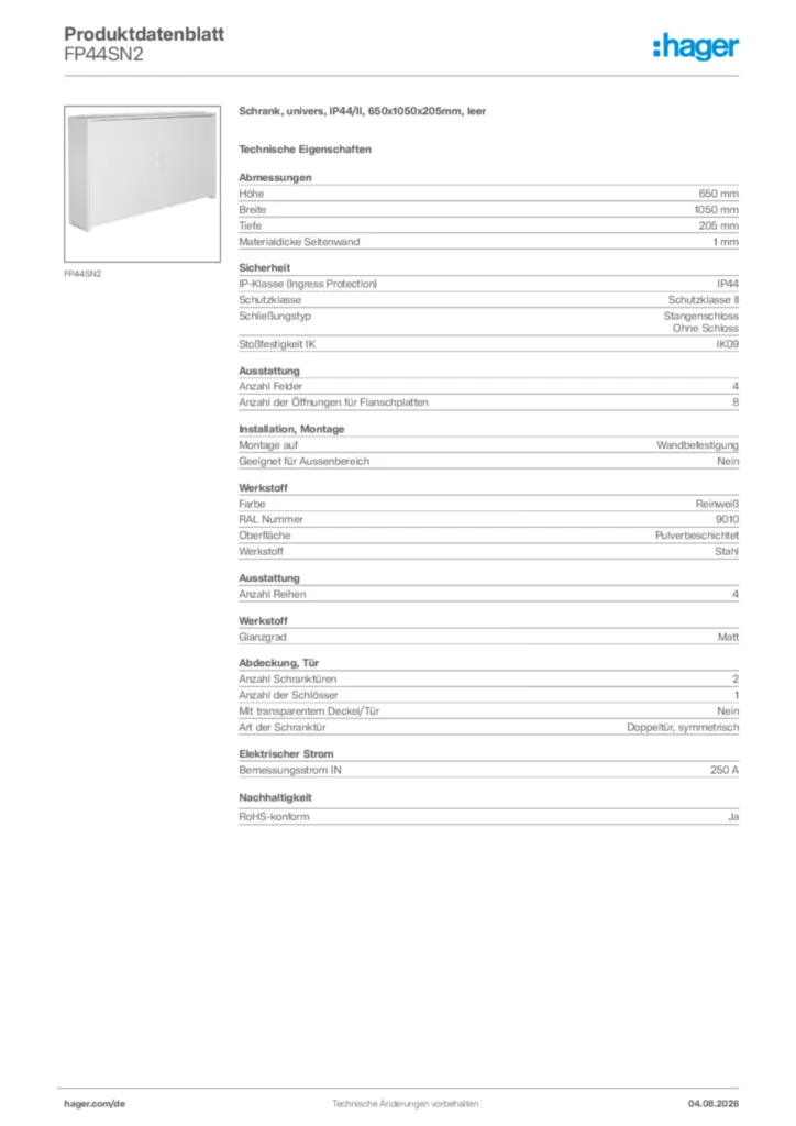 Bild Hager Produktdatenblatt FP44SN2 | Hager Deutschland