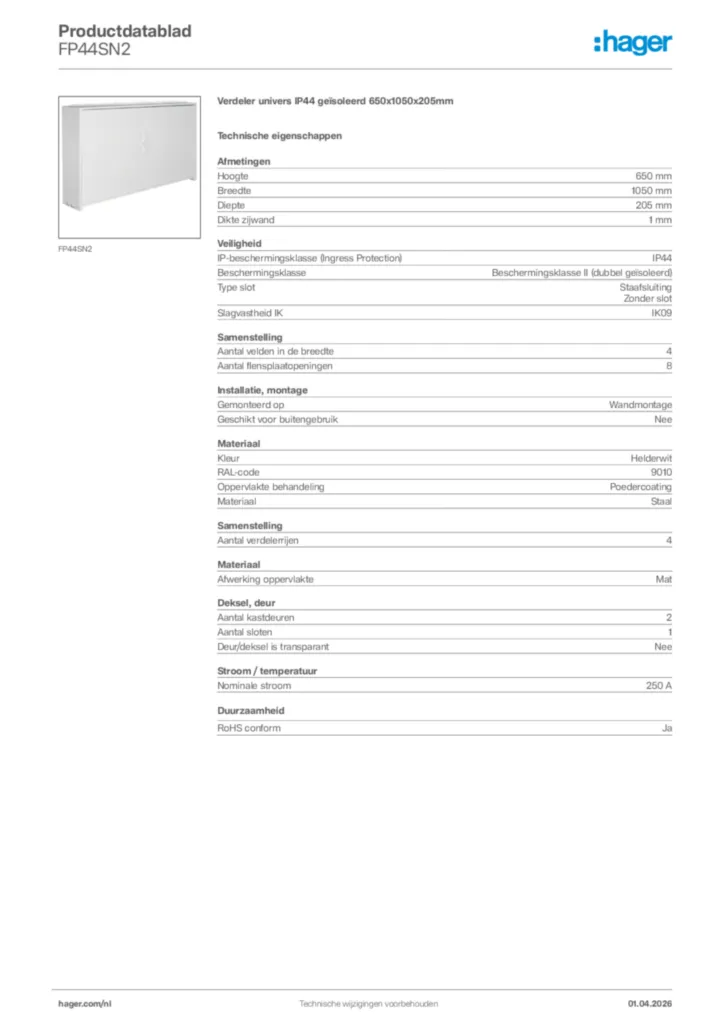 Afbeelding Hager Productdatablad FP44SN2 | Hager Nederland