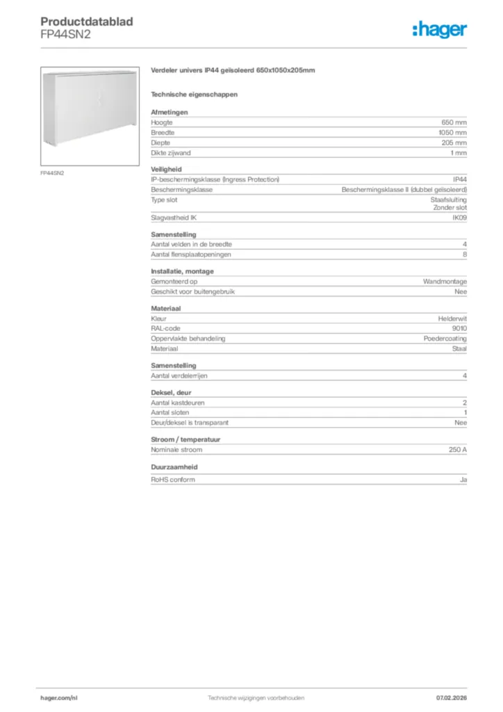 Afbeelding Hager Productdatablad FP44SN2 | Hager Nederland
