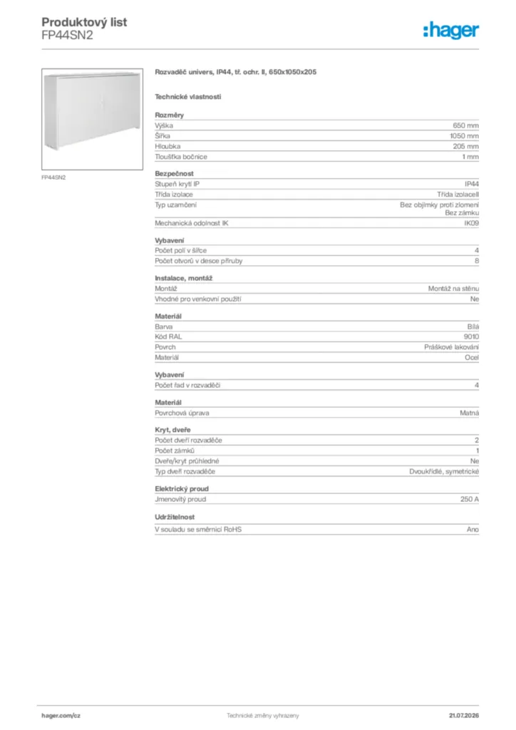 Obrázek Hager Generováno - Datový list produktu FP44SN2 | Hager