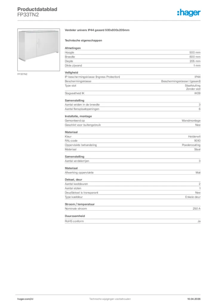 Afbeelding Hager Productdatablad FP33TN2 | Hager Nederland
