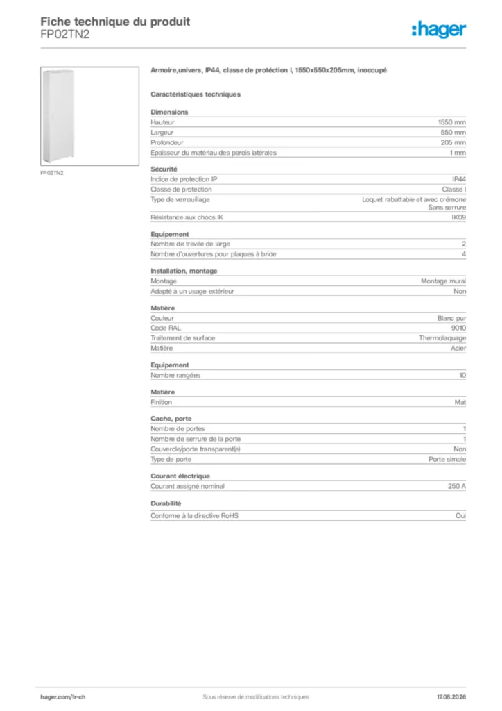 Image Hager Fiche technique du produit FP02TN2 | Hager Suisse