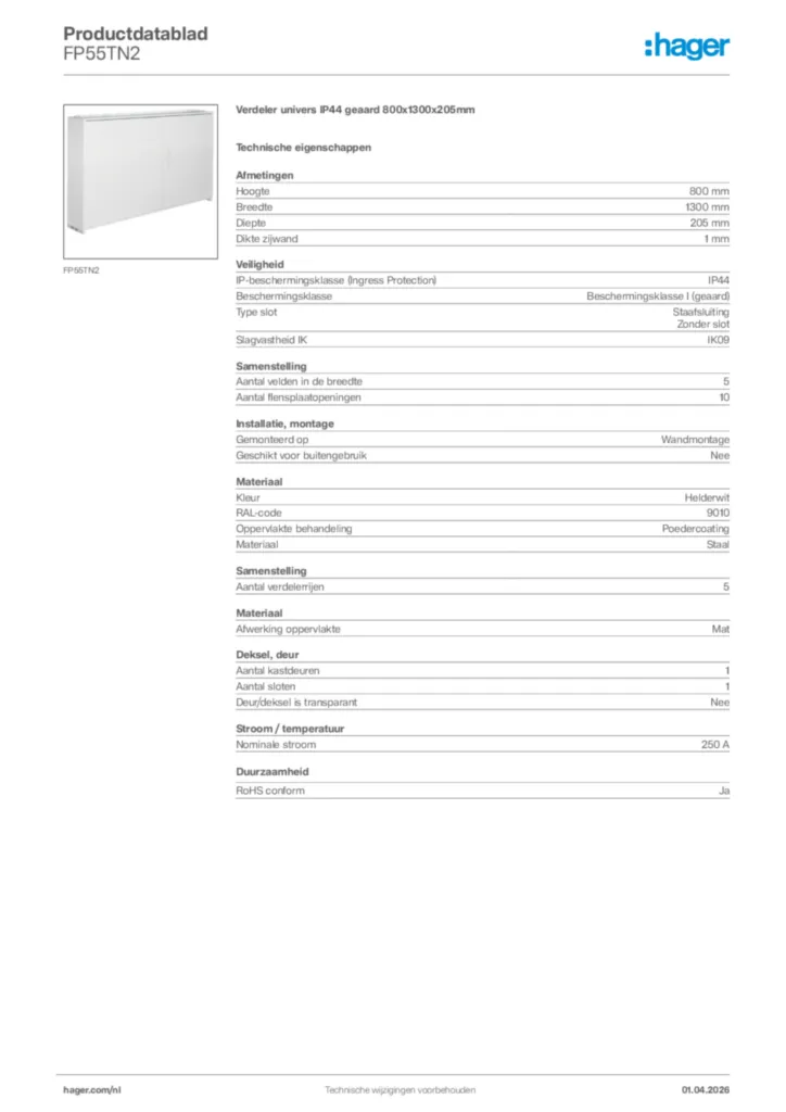 Afbeelding Hager Productdatablad FP55TN2 | Hager Nederland
