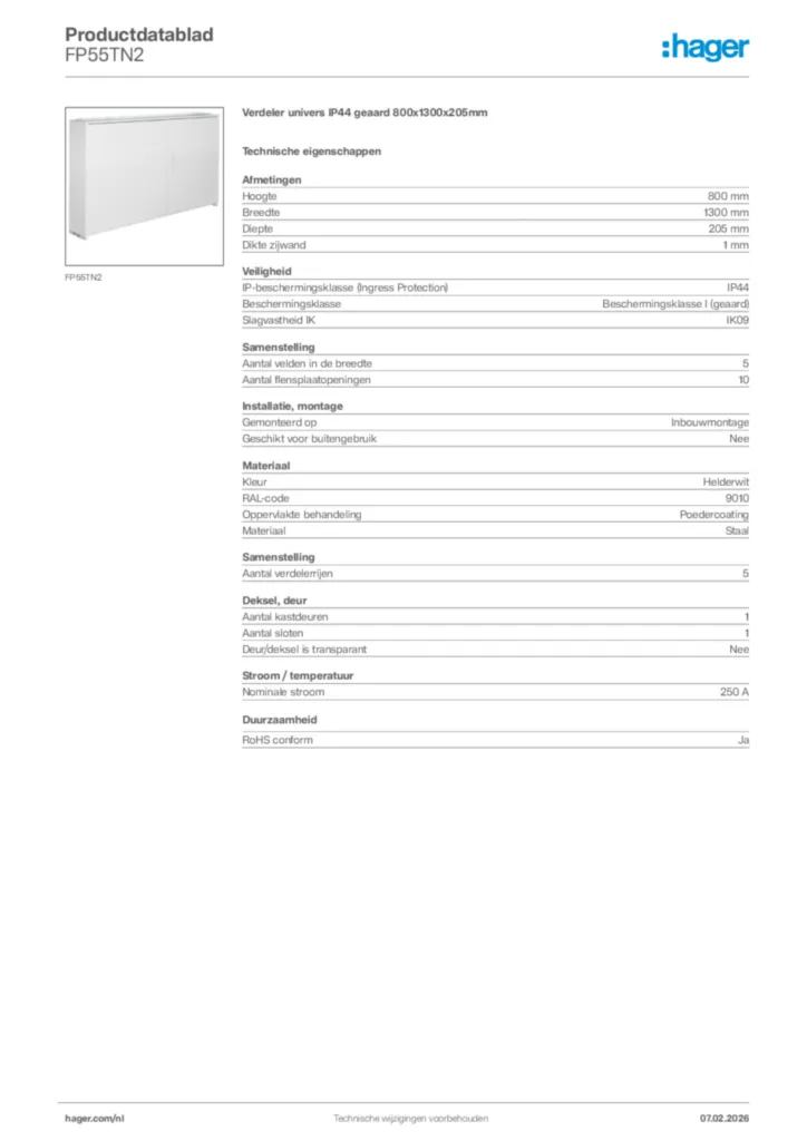 Afbeelding Hager Productdatablad FP55TN2 | Hager Nederland