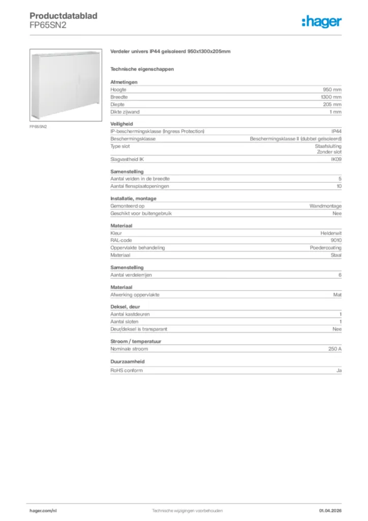 Afbeelding Hager Productdatablad FP65SN2 | Hager Nederland