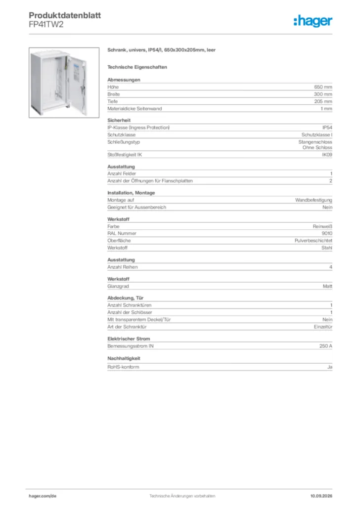 Bild Hager Produktdatenblatt FP41TW2 | Hager Deutschland