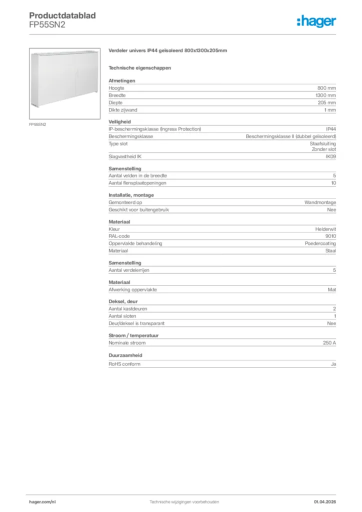 Afbeelding Hager Productdatablad FP55SN2 | Hager Nederland