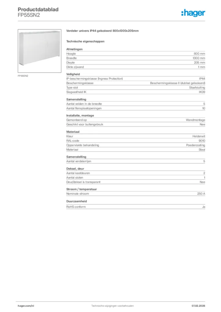 Afbeelding Hager Productdatablad FP55SN2 | Hager Nederland