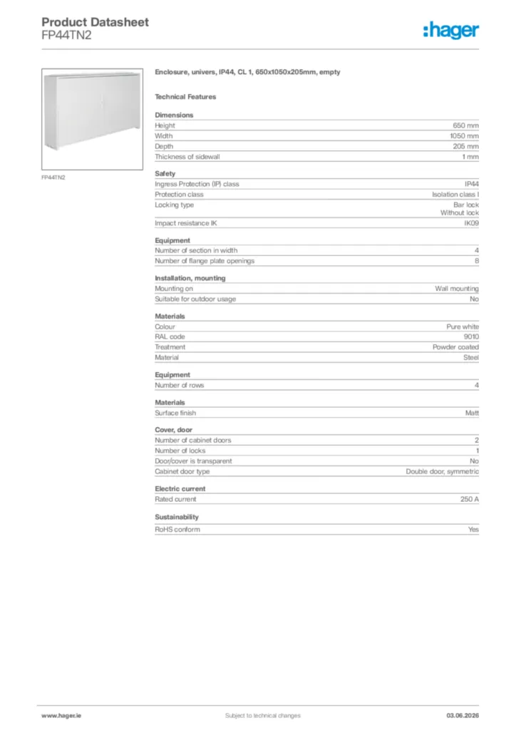 Image Hager Product data sheet FP44TN2  | Hager
