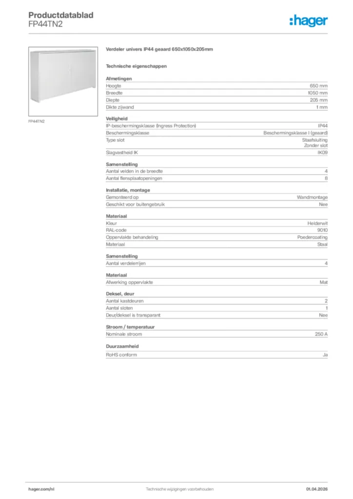 Afbeelding Hager Productdatablad FP44TN2 | Hager Nederland