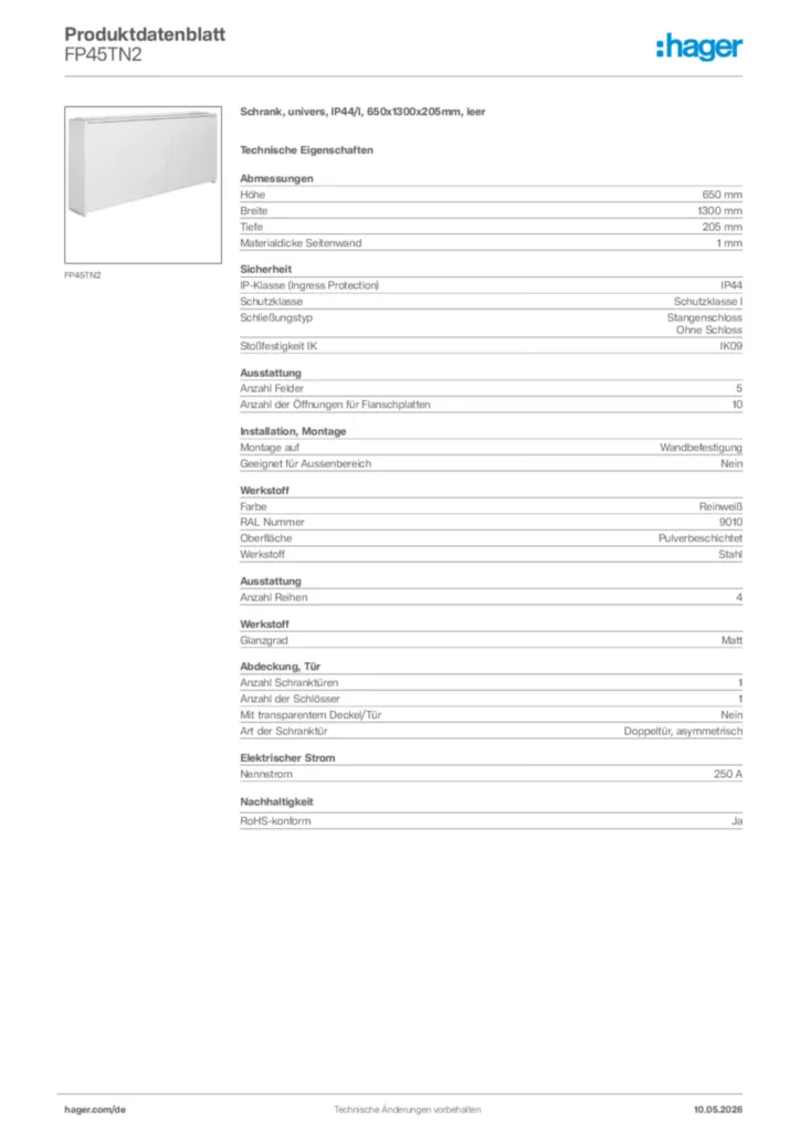 Bild Hager Produktdatenblatt FP45TN2 | Hager Deutschland