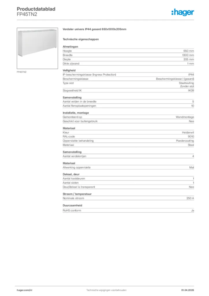 Afbeelding Hager Productdatablad FP45TN2 | Hager Nederland