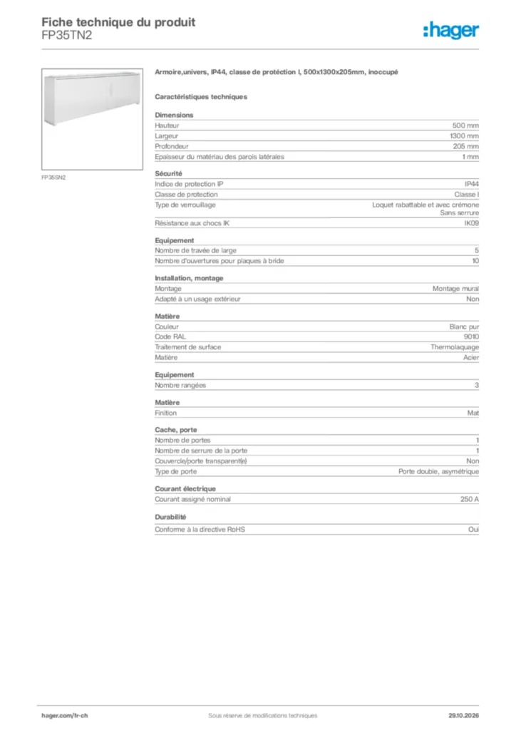 Image Hager Fiche technique du produit FP35TN2 | Hager Suisse