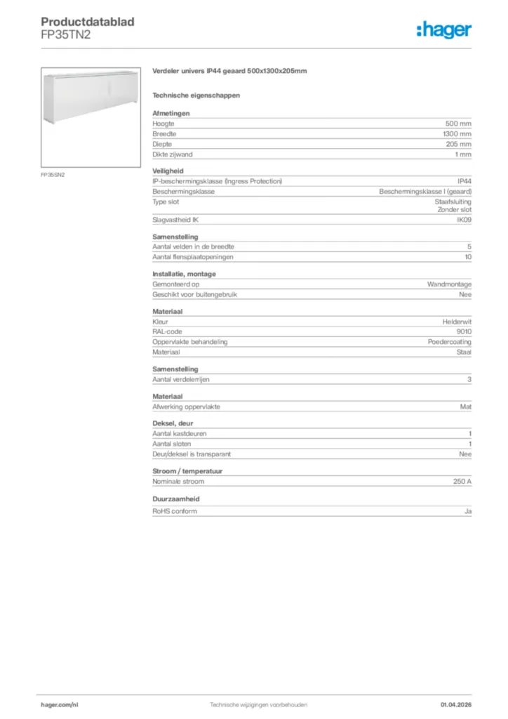 Afbeelding Hager Productdatablad FP35TN2 | Hager Nederland