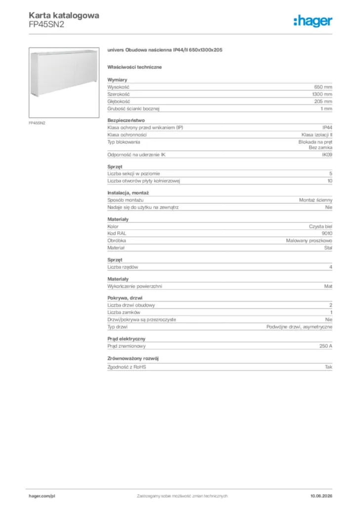 Zdjęcie Hager Karta katalogowa FP45SN2 | Hager Polska