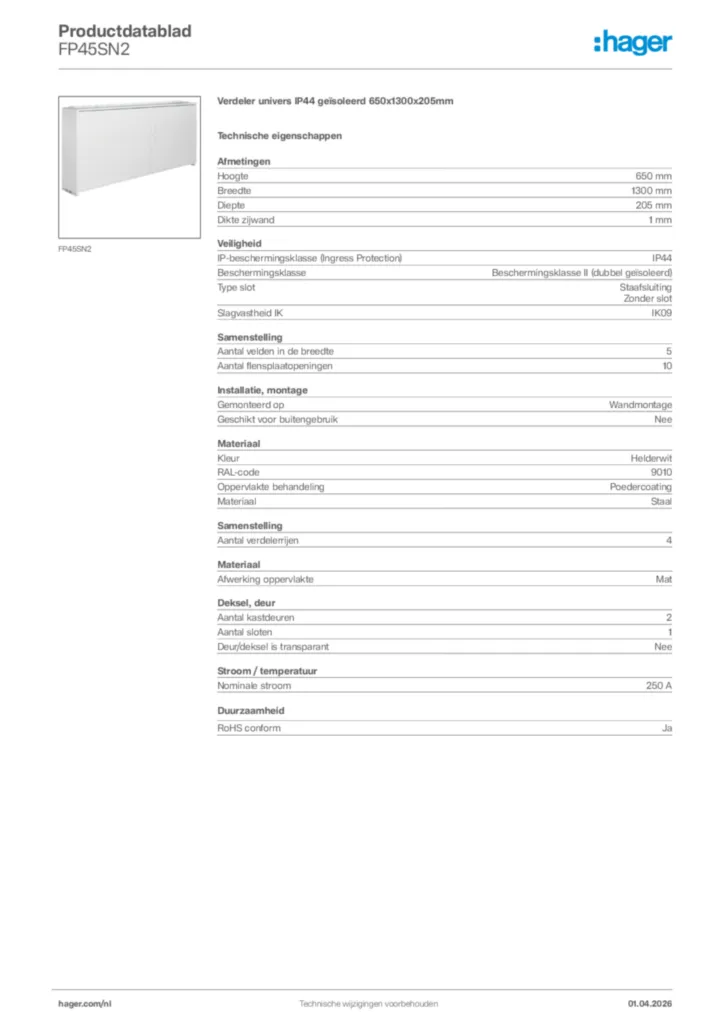 Afbeelding Hager Productdatablad FP45SN2 | Hager Nederland