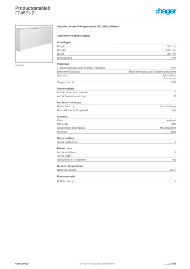 Afbeelding Hager Productdatablad FP45SN2 | Hager Nederland