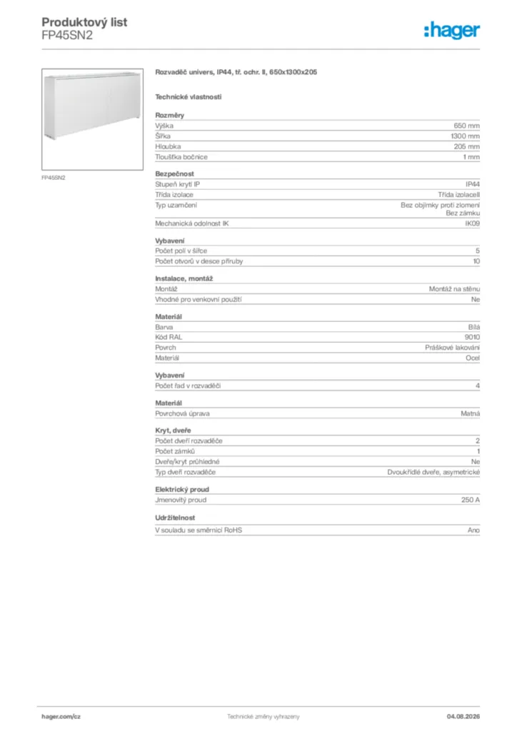 Obrázek Hager Generováno - Datový list produktu FP45SN2 | Hager