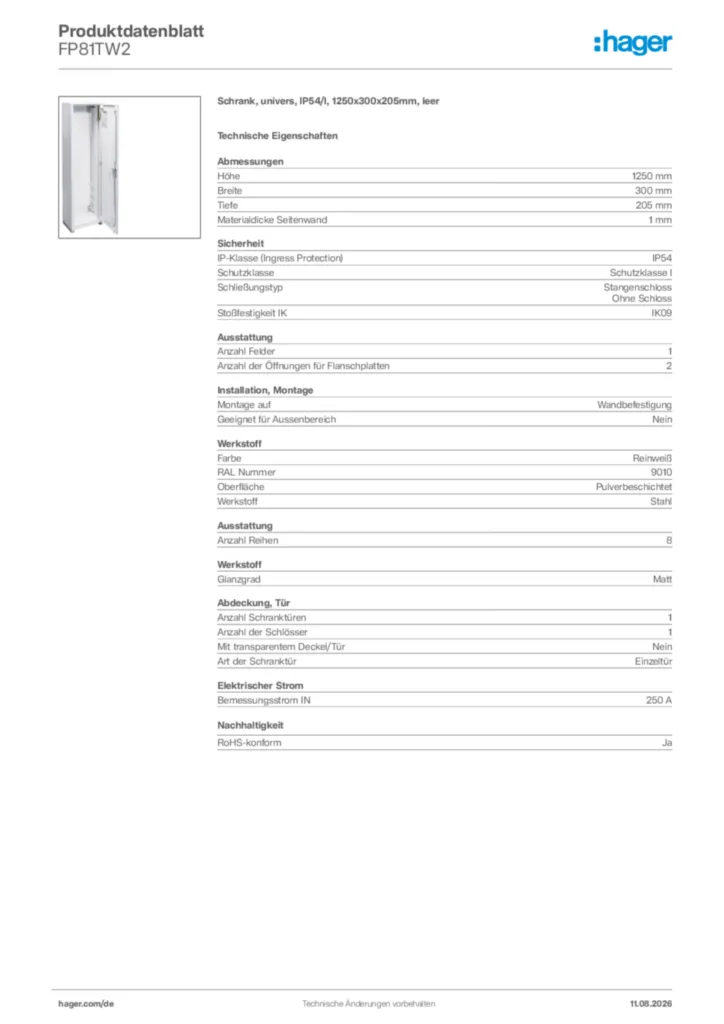Bild Hager Produktdatenblatt FP81TW2 | Hager Deutschland