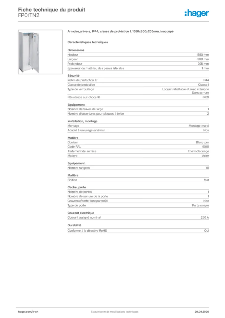 Image Hager Fiche technique du produit FP01TN2 | Hager Suisse