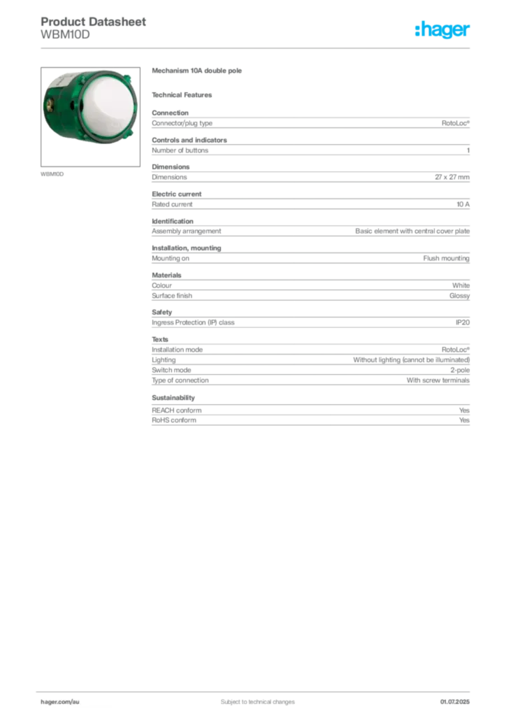 Image Hager Product data sheet WBM10D  | Hager Australia