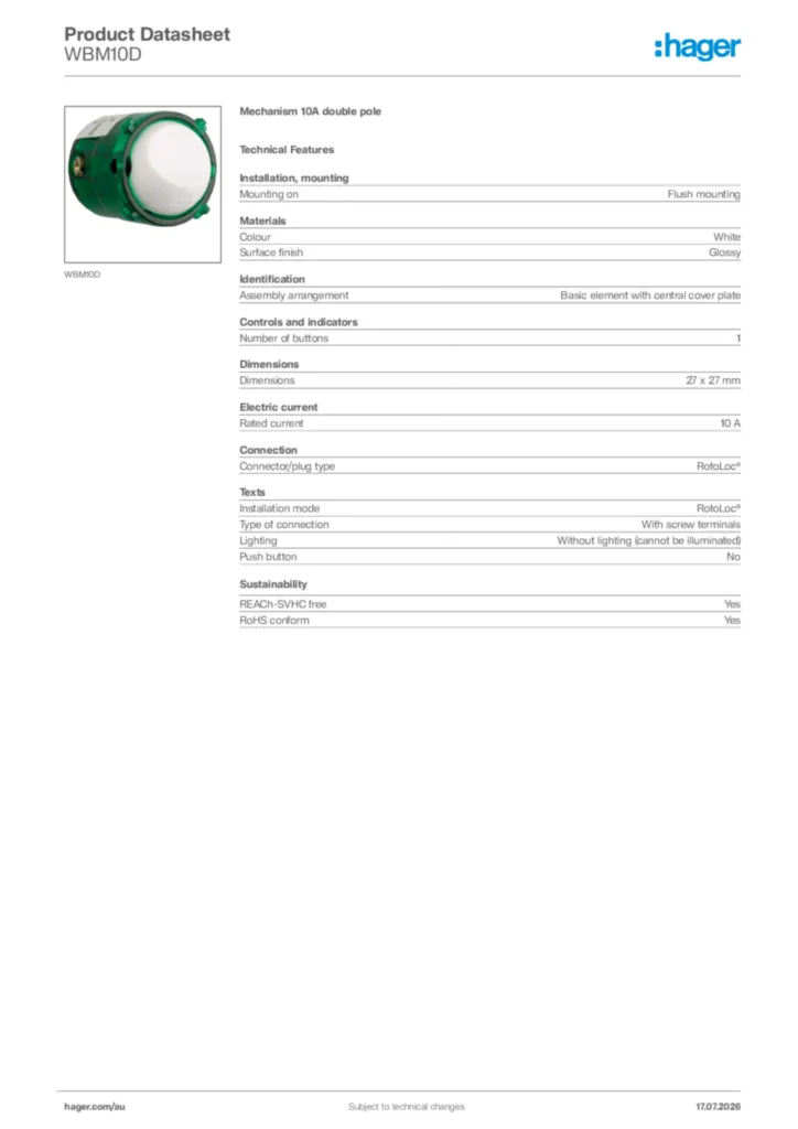 Image Hager Product data sheet WBM10D  | Hager Australia