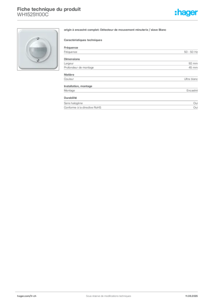 Image Hager Fiche technique du produit WH15251100C | Hager Suisse