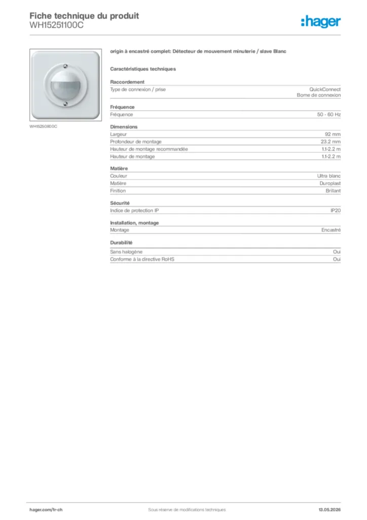 Image Hager Fiche technique du produit WH15251100C | Hager Suisse