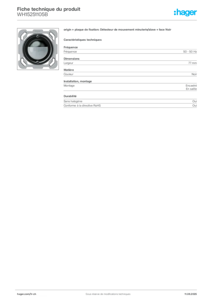 Image Hager Fiche technique du produit WH15251105B | Hager Suisse