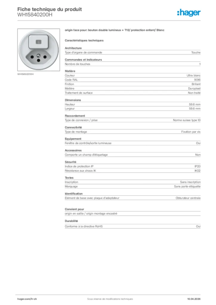 Image Hager Fiche technique du produit WH15840200H | Hager Suisse