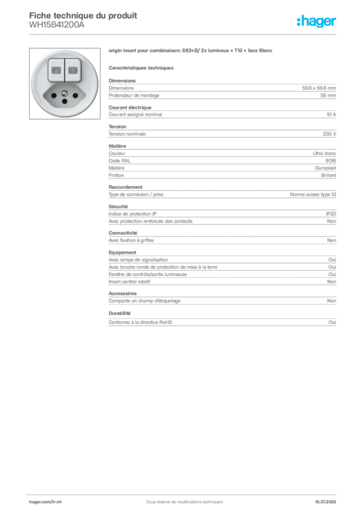 Image Hager Fiche technique du produit WH15841200A | Hager Suisse