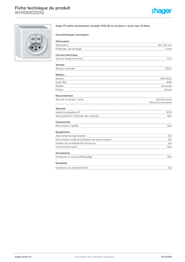 Image Hager Fiche technique du produit WH15841200Q | Hager Suisse