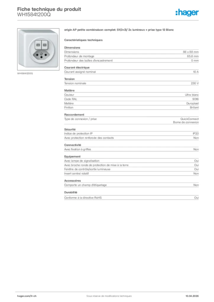 Image Hager Fiche technique du produit WH15841200Q | Hager Suisse