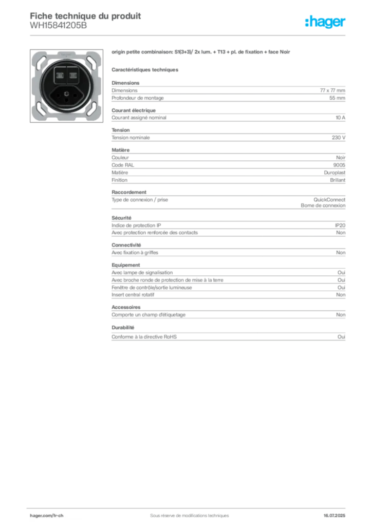Image Hager Fiche technique du produit WH15841205B | Hager Suisse