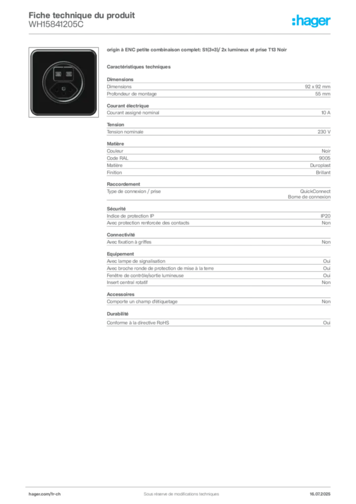 Image Hager Fiche technique du produit WH15841205C | Hager Suisse