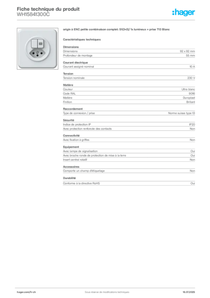 Image Hager Fiche technique du produit WH15841300C | Hager Suisse