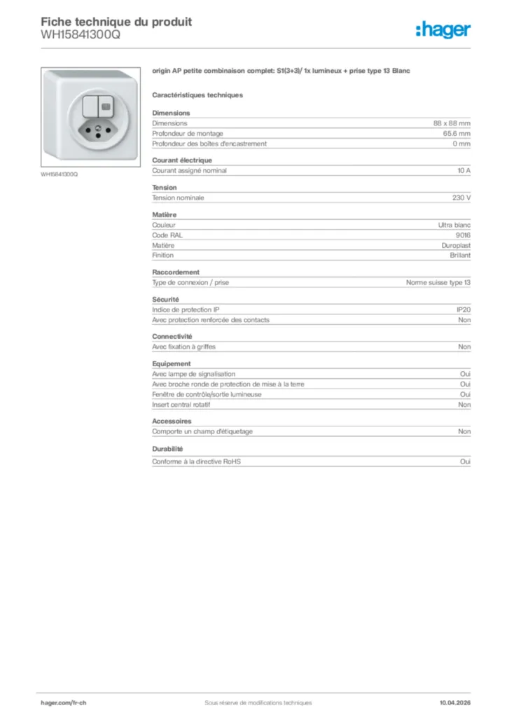 Image Hager Fiche technique du produit WH15841300Q | Hager Suisse