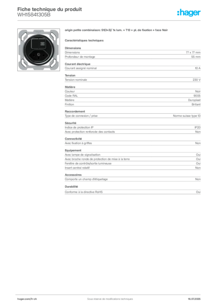 Image Hager Fiche technique du produit WH15841305B | Hager Suisse